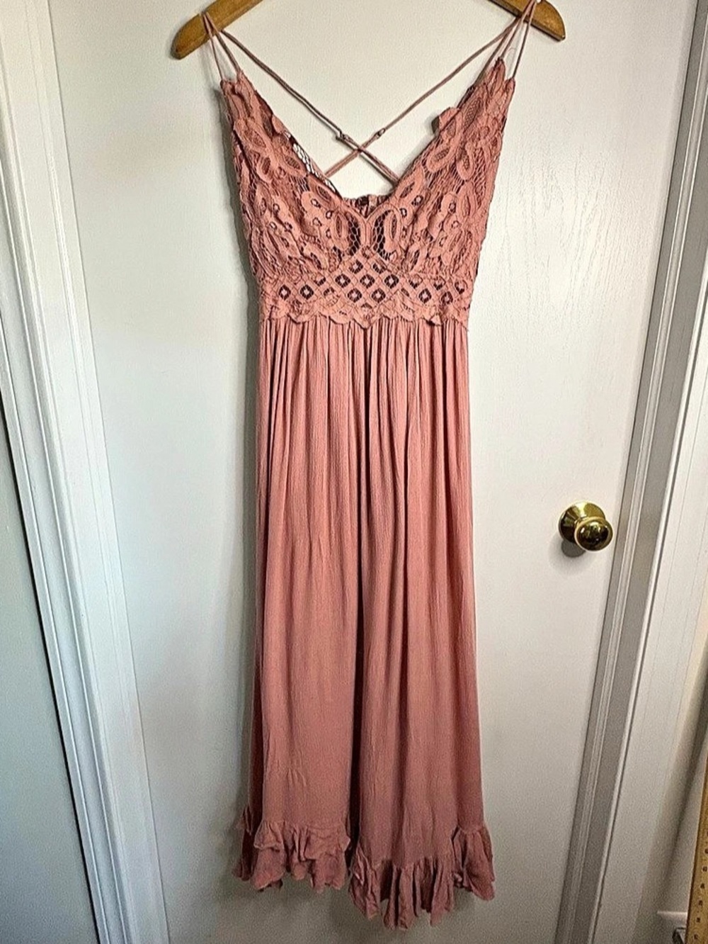 Free People Sz M Adella Maxi Dress Lace Crinkle Coquette Boho Occasion Cottage